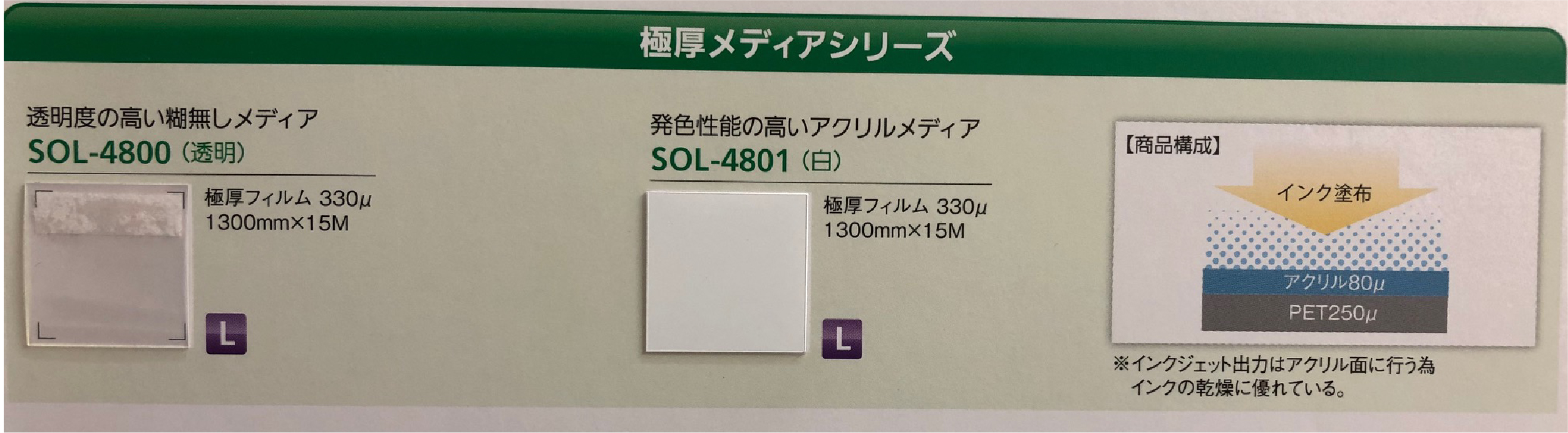 アクリル+PET貼り合わせ極厚メディア】SOL-4801（白） 厚み：330μ 1370mm×15m