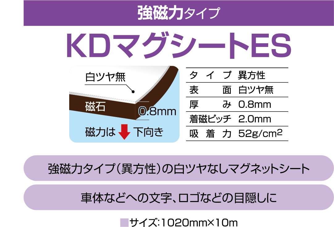 KDマグネットシートES（白マット/異方性） 厚み：0.8mm/サイズ：1020mm×10M