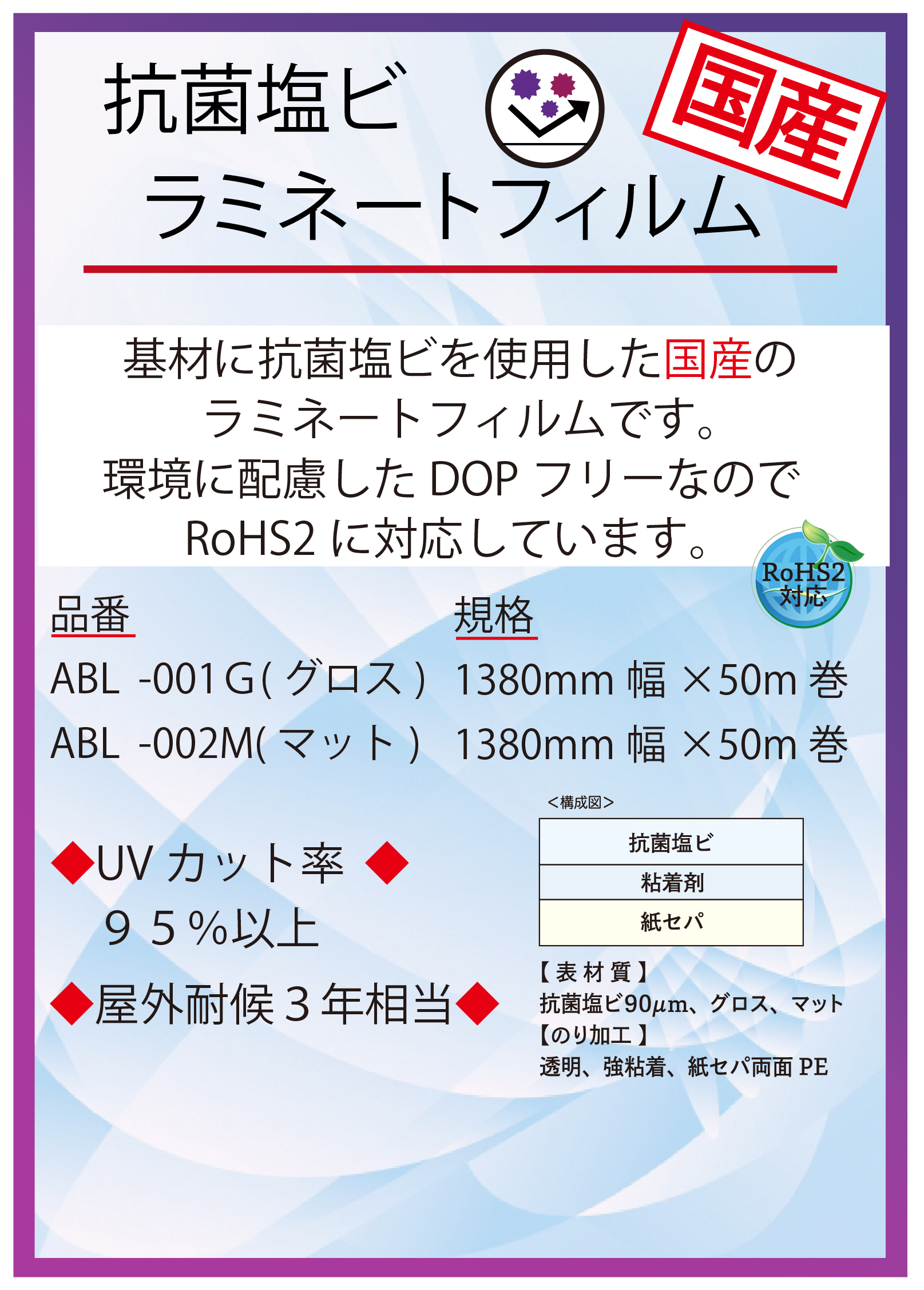 抗菌仕様の屋外中期用ラミネート ルミガード 抗菌塩ビラミネートフィルム グロス Abl 001g 1380mm 50m